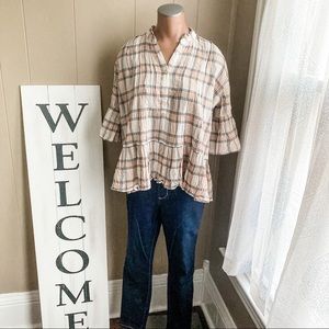 {LOFT} Plaid Bell Sleeve Peplum Top